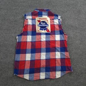 Angry Minnow Shirt Mens XL Red Blue Plaid Sleeveless Flannel Pabst Blue Ribbon